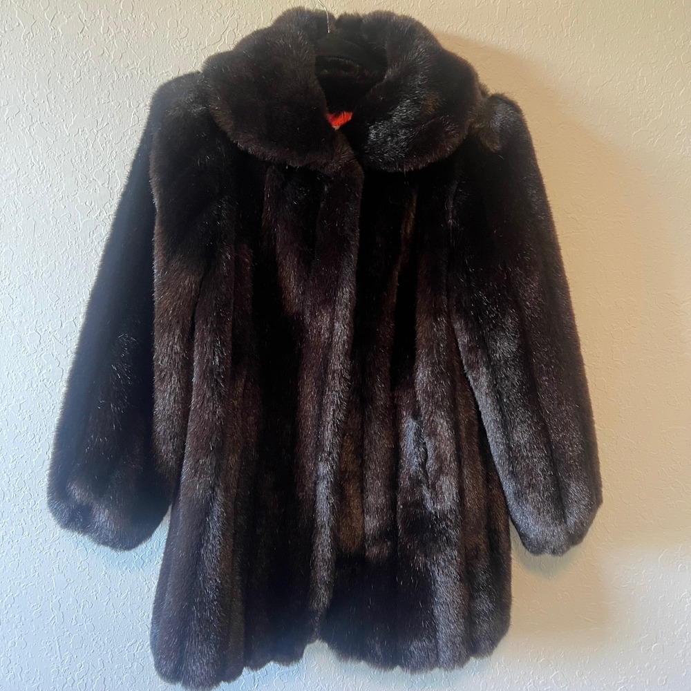 Vintage Jordache Faux Fur Coat Women Mob Wife Glam Plush Winter Jacket 7/8 Black